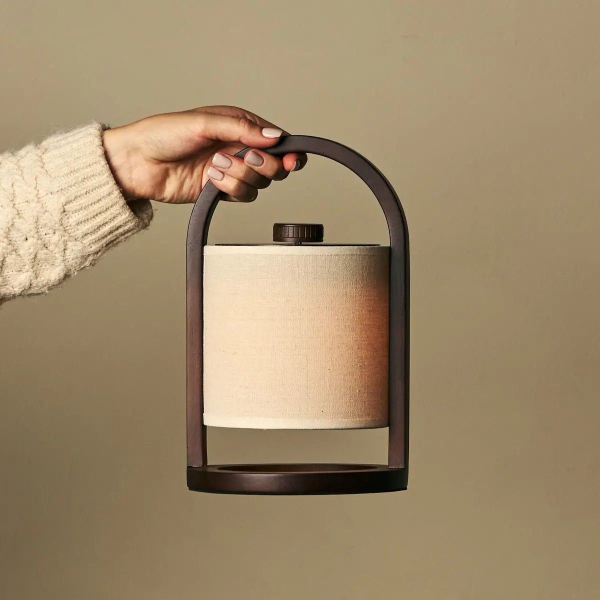 Wooden Rechargeable Table Lamp - Dark Brown Linen Blend, 100-Hour Battery