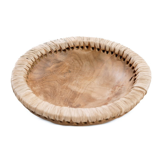 Teak Wood Bowl with Raffia – Small Natural Serving Bowl