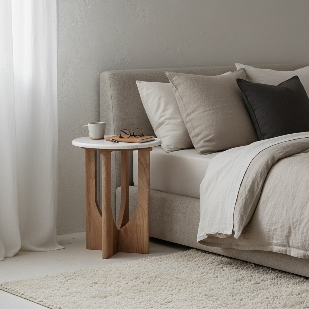 Marble Side Table - White Accent Table, Mango Wood Base, 30x30x50 cm