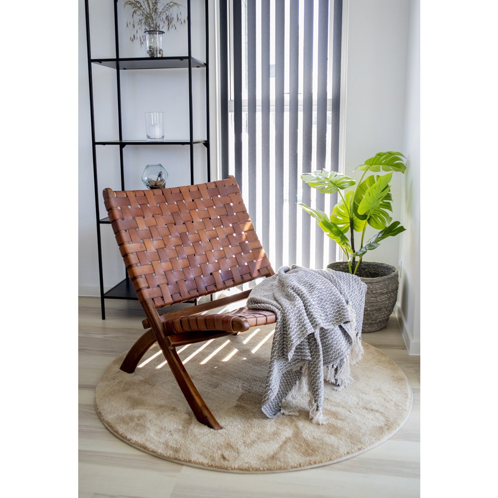 Teak Wood Folding Chair - Brown Leather Seat, 66x74x73 cm