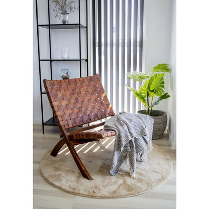 Teak Wood Folding Chair - Brown Leather Seat, 66x74x73 cm