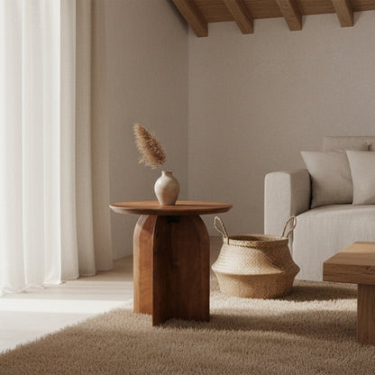 Mango Wood Side Table - Round Bullnose Accent Table, 50 cm