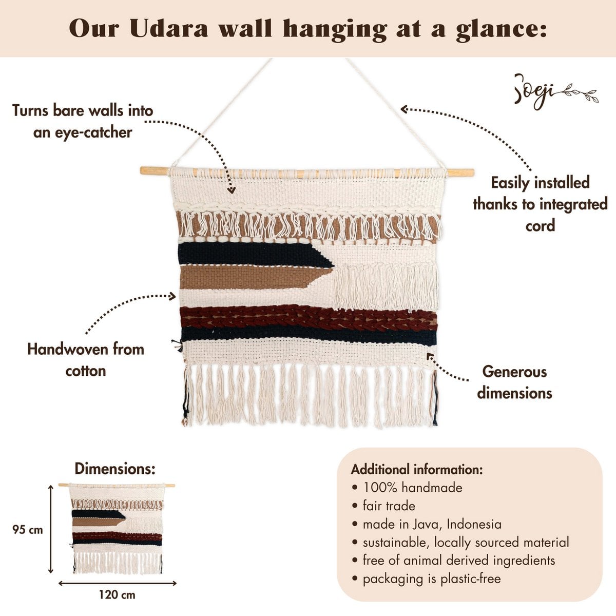 Large Macrame Wall Hanging – Woven Boho Wall Decor – Modern Cotton Wall Hanging Natural Material – Handwoven Wall Decor 120x95 cm UDARA