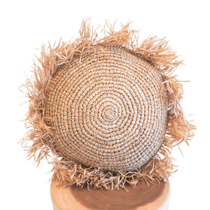 Raffia Throw Pillow - Round Boho Cushion with Fringes, 40/50 cm