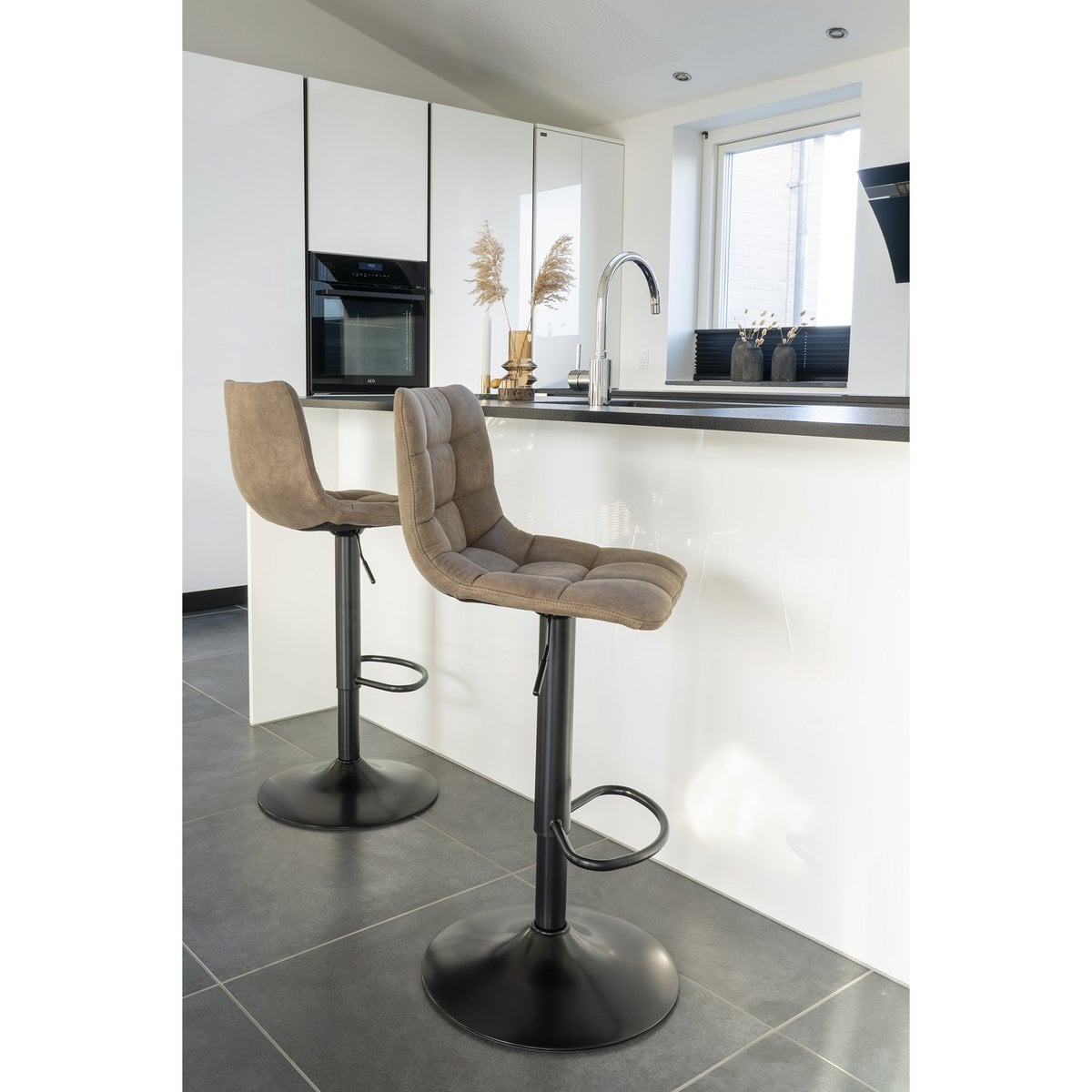 Microfiber Bar Stools - Light Brown Adjustable Height Kitchen Chairs, Set of 2