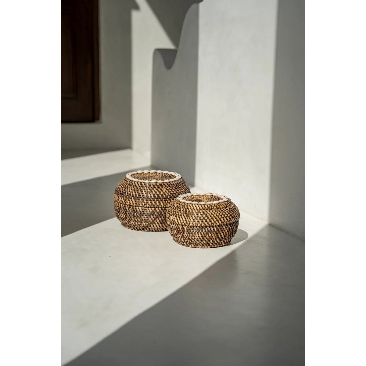 Medium Rattan Basket with Cowrie Shells for Storage