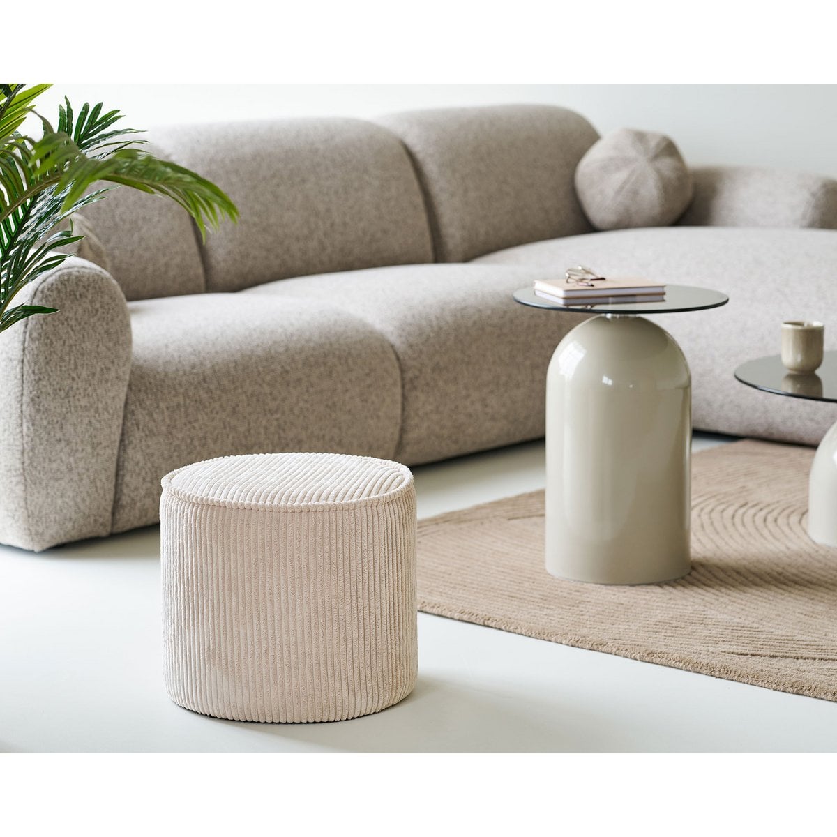 Corduroy Pouf - Beige Round Ottoman Footstool, 40x35 cm