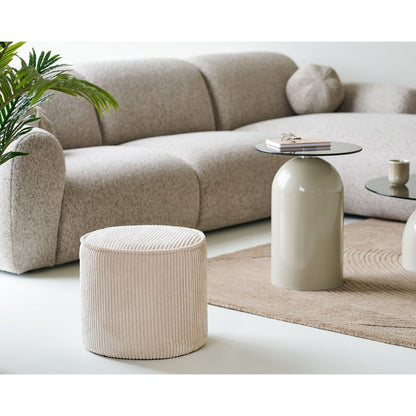 Corduroy Pouf - Beige Round Ottoman Footstool, 40x35 cm