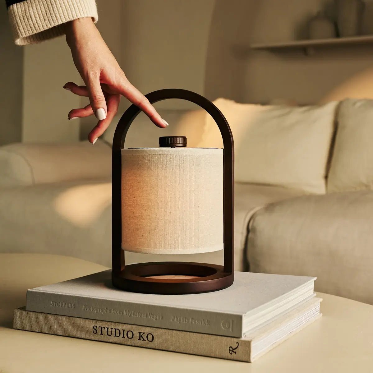 Wooden Rechargeable Table Lamp - Dark Brown Linen Blend, 100-Hour Battery