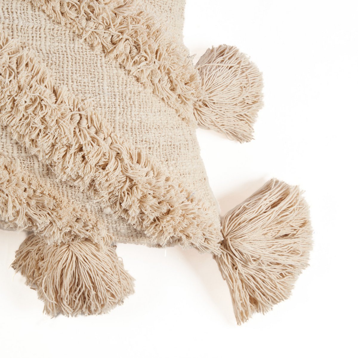 Cotton Tassel Cushion Cover - Cream Boho Throw Pillow, 35x60 cm