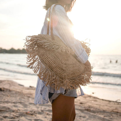 Raffia Shoulder Bag with Fringes - Beige Beach Tote SUMBAWA