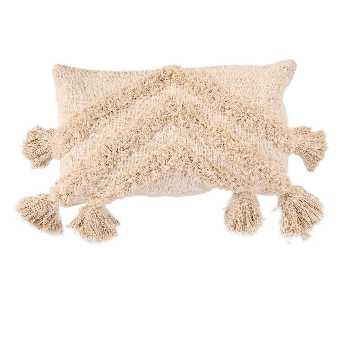 Cotton Tassel Cushion Cover - Cream Boho Throw Pillow, 35x60 cm