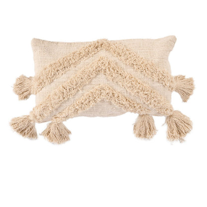 Cotton Tassel Cushion Cover - Cream Boho Throw Pillow, 35x60 cm