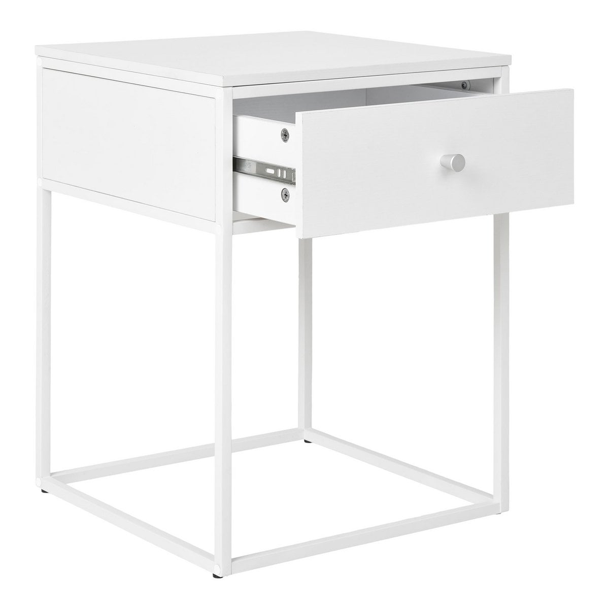 Steel Side Table with Drawer – Modern White Bedside Table, 40x40cm