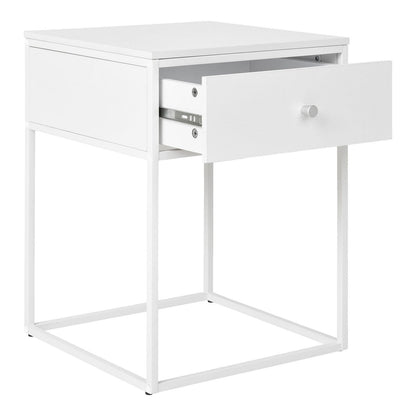 Steel Side Table with Drawer – Modern White Bedside Table, 40x40cm