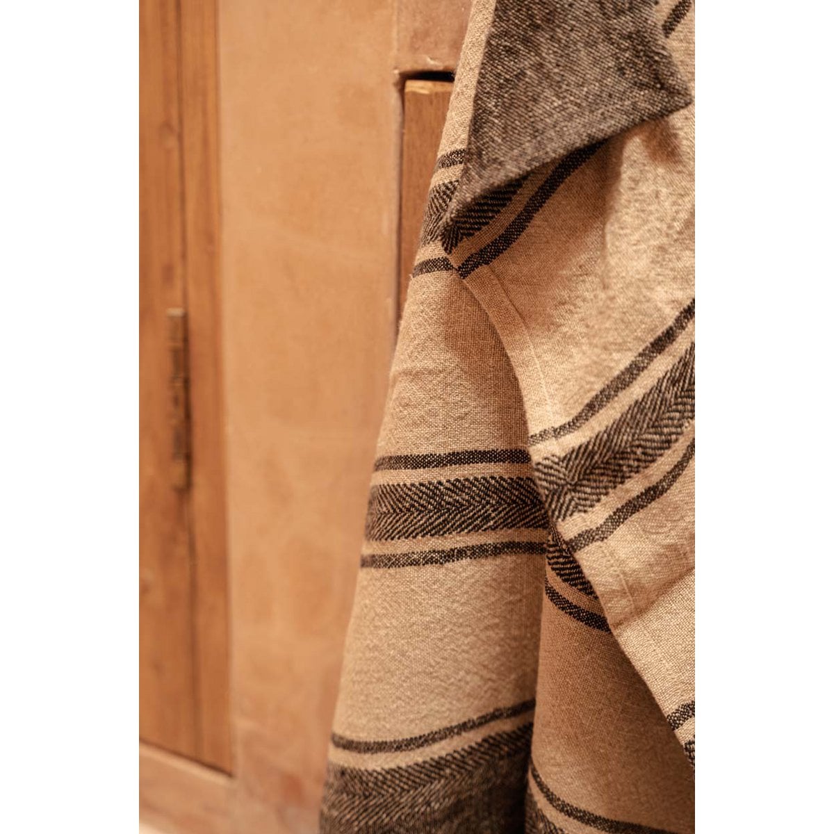 Linen Kitchen Towel - Natural Black Boho Stripe, 50x70