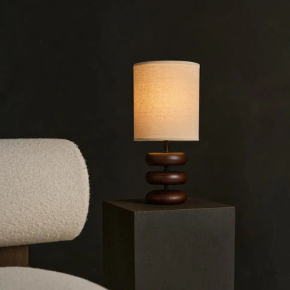 Wooden Table Lamp with Linen Shade - Dark Brown Rustic Home Lighting