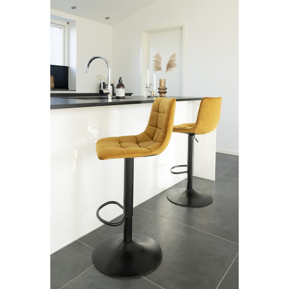 Middelfart Bar Chair - Mustard Yellow Velvet with Black Legs - set of 2
