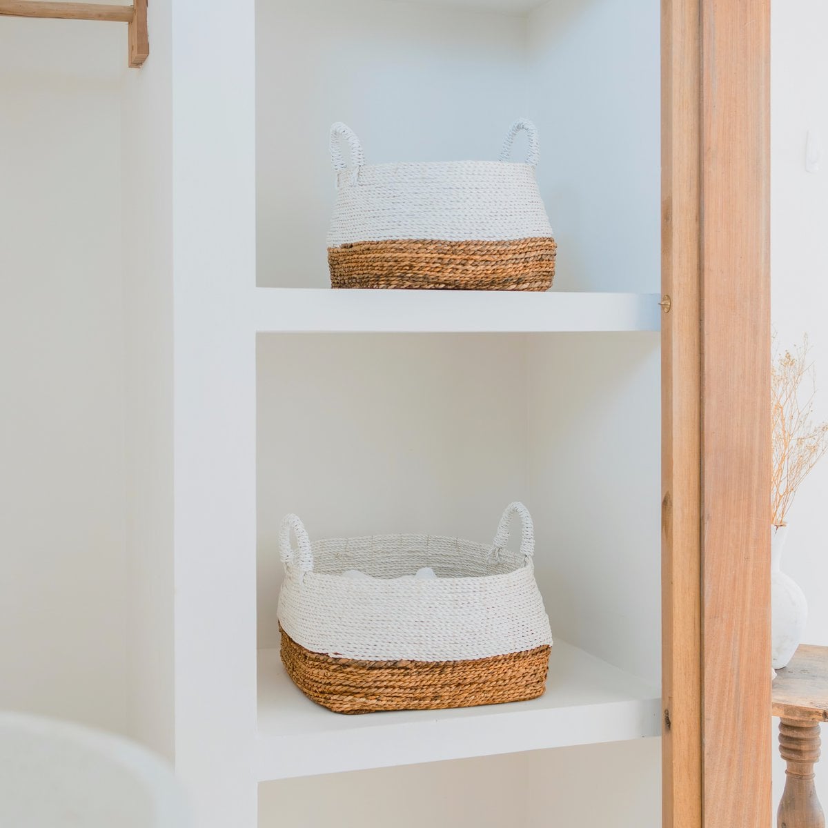 Banana Fiber Woven Storage Basket – White Boho Square Basket