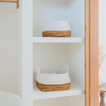 Banana Fiber Woven Storage Basket – White Boho Square Basket