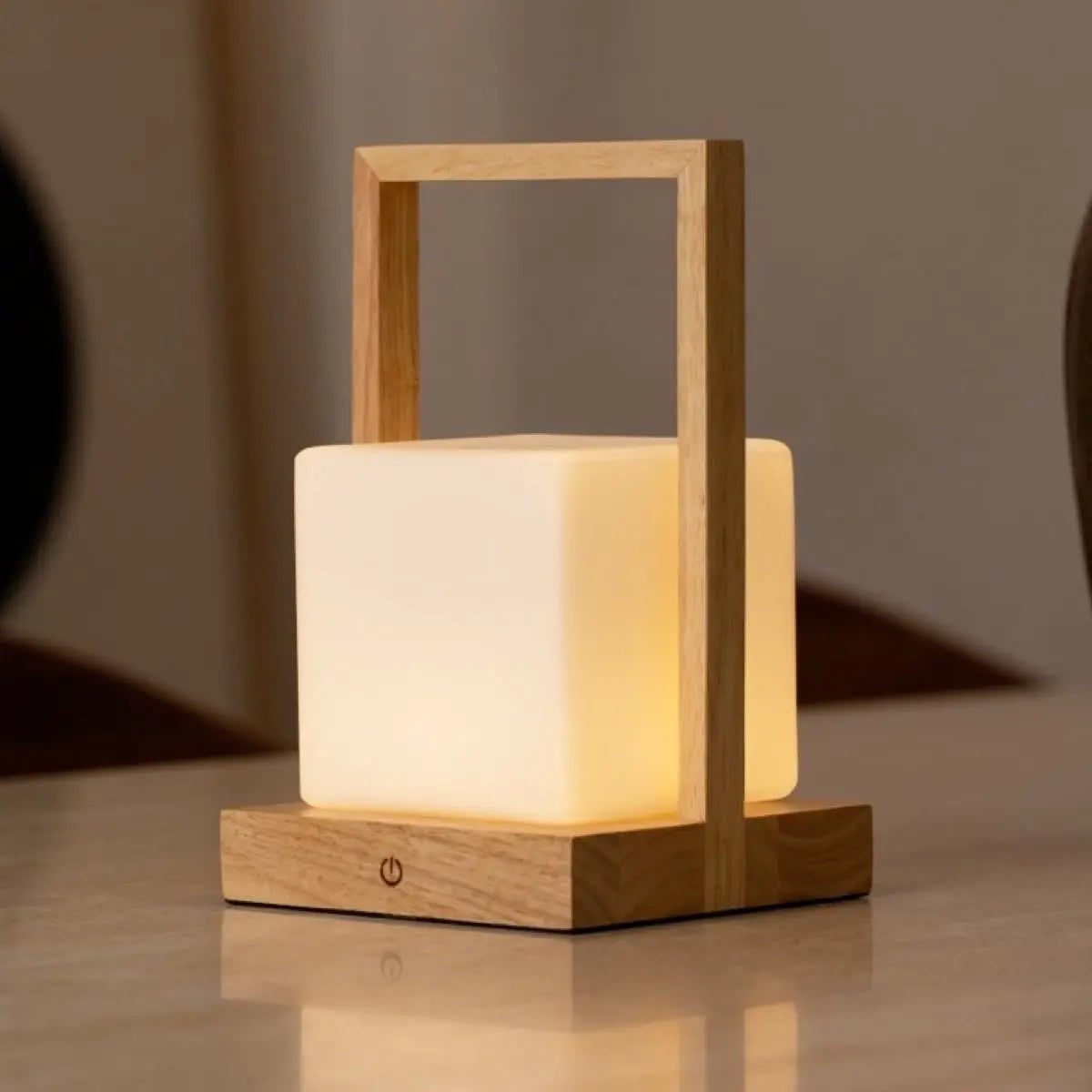 Rubberwood Table Lamp - Light Brown Cordless Dimmable Rechargeable