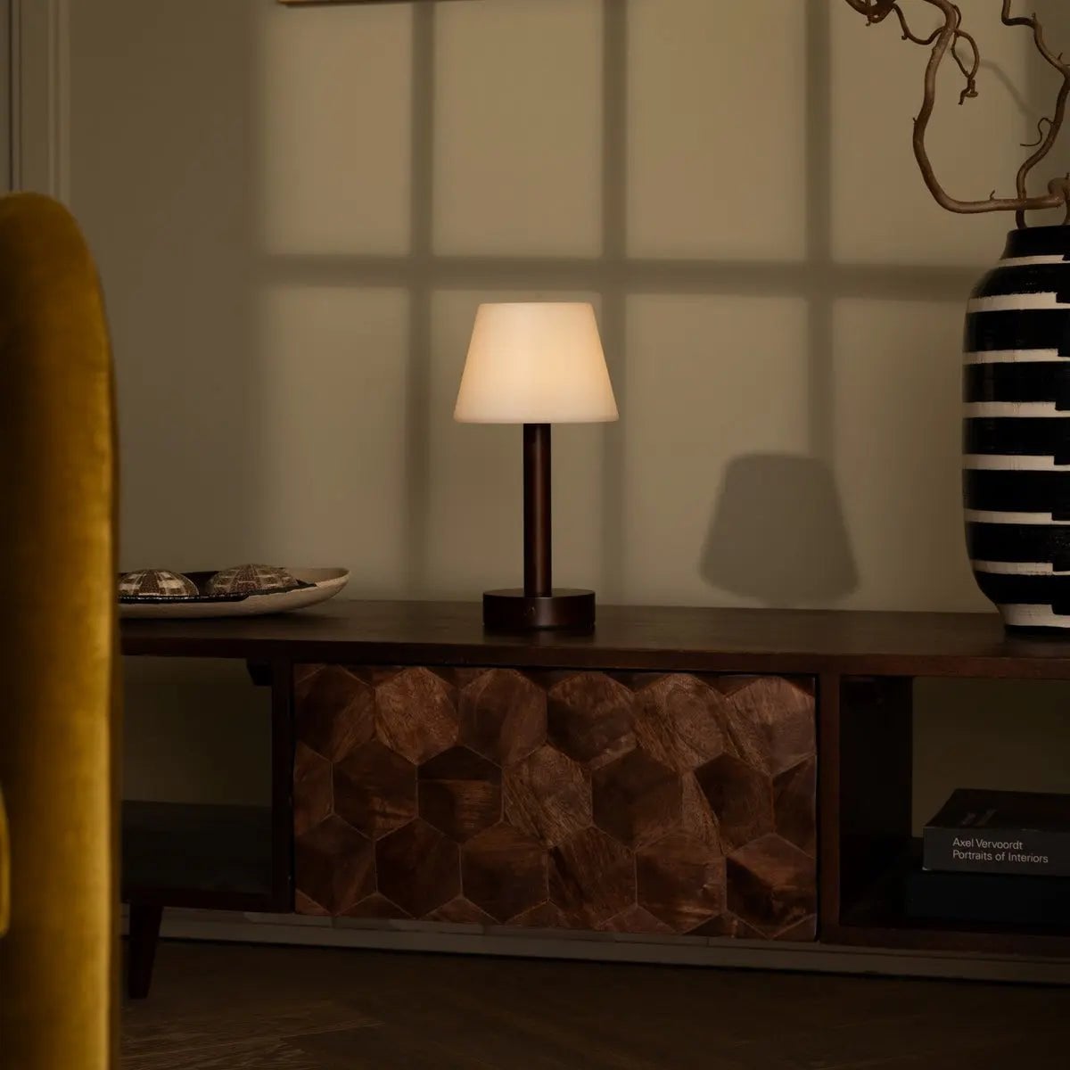 Zoë Dark Brown Wooden Rechargeable Table Lamp | Dimmable, USB-C, 80-Hour Battery