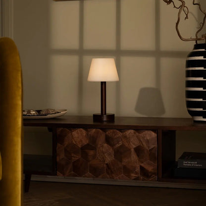 Zoë Dark Brown Wooden Rechargeable Table Lamp | Dimmable, USB-C, 80-Hour Battery