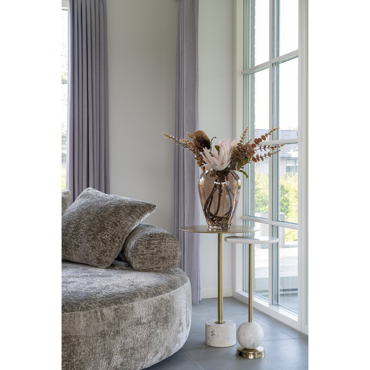 Marble Side Table - Brass Frame, Small Round Accent Table, 25x54 cm