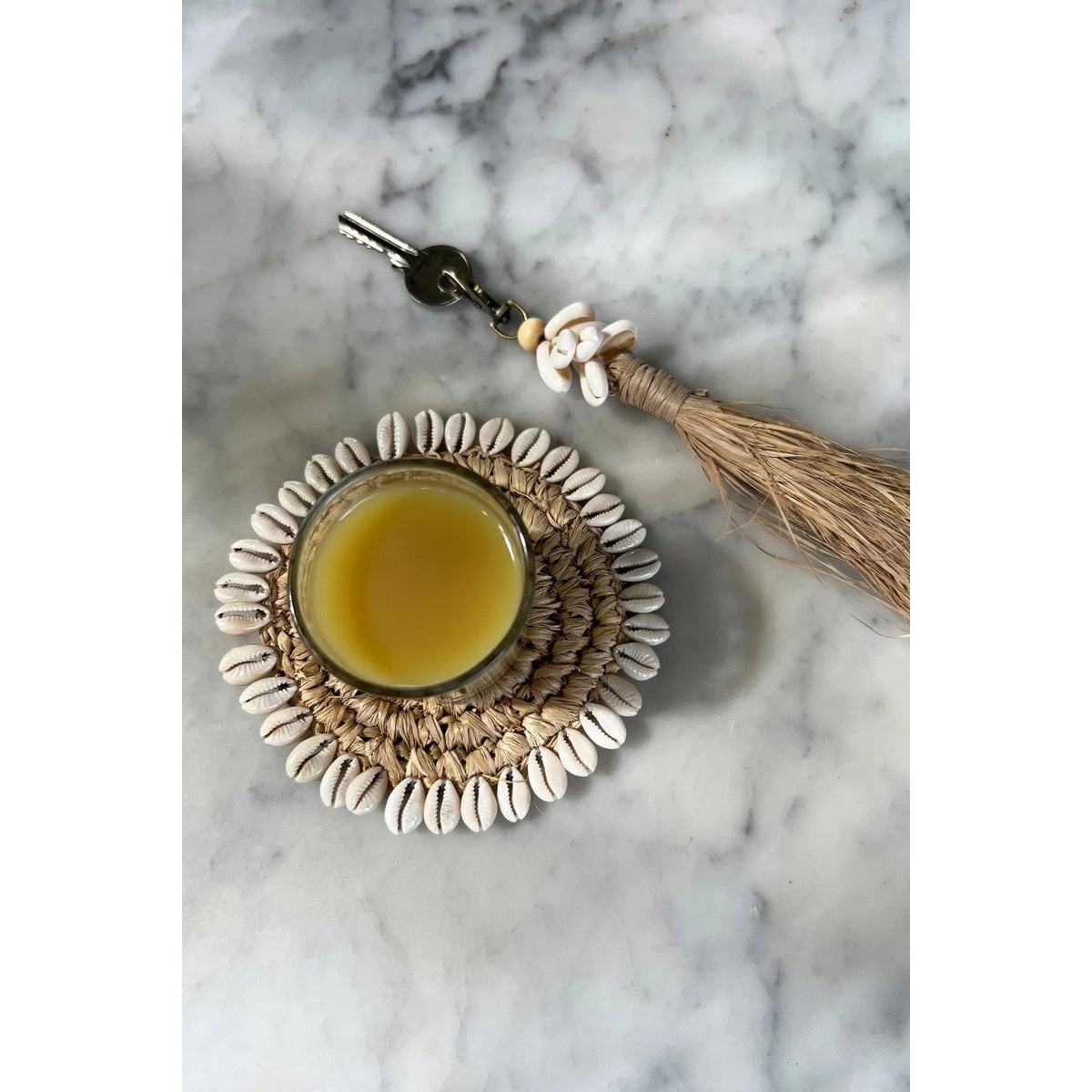 Raffia Coaster with Cowrie Shells - Natural Balinese Style
