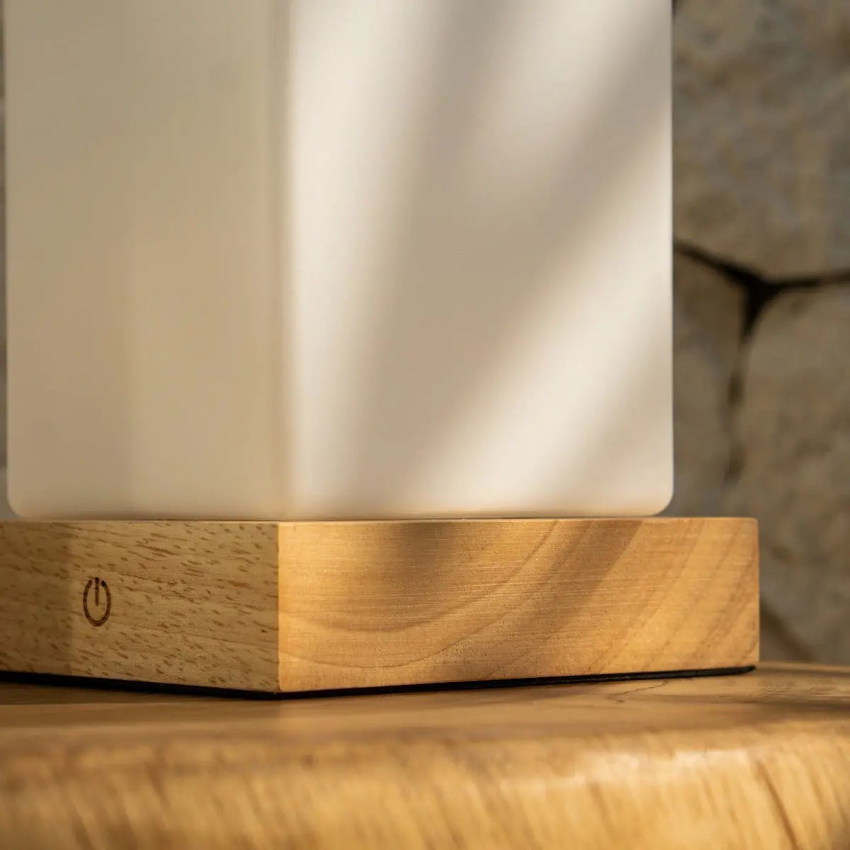 Zayn Light Brown Wooden Rechargeable Table Lamp | Dimmable, Glass & Cordless