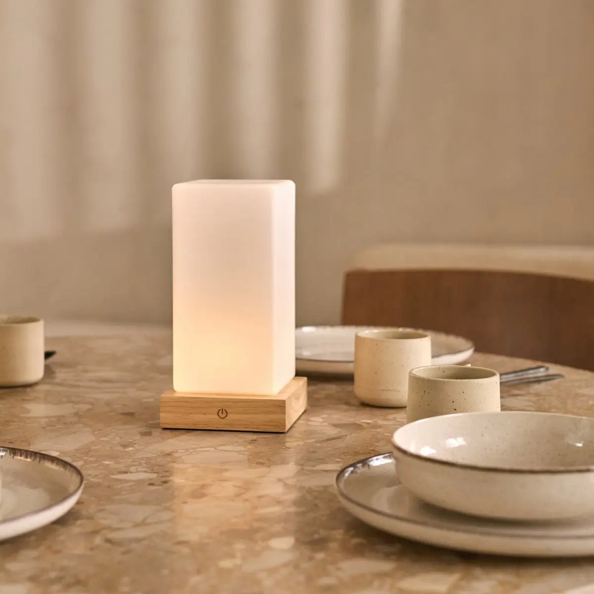 Zayn Light Brown Wooden Rechargeable Table Lamp | Dimmable, Glass & Cordless
