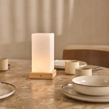 Zayn Light Brown Wooden Rechargeable Table Lamp | Dimmable, Glass & Cordless