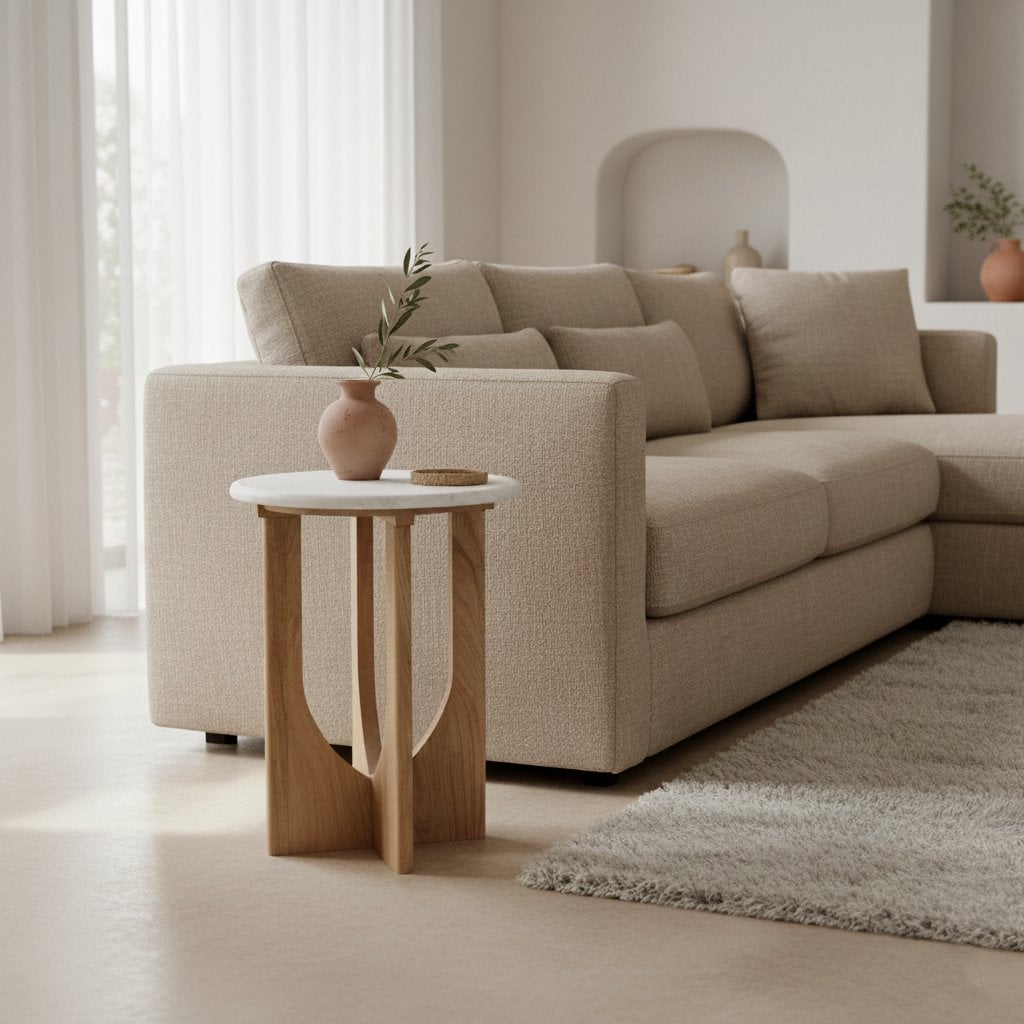 Marble Side Table - White Accent Table, Mango Wood Base, 30x30x50 cm
