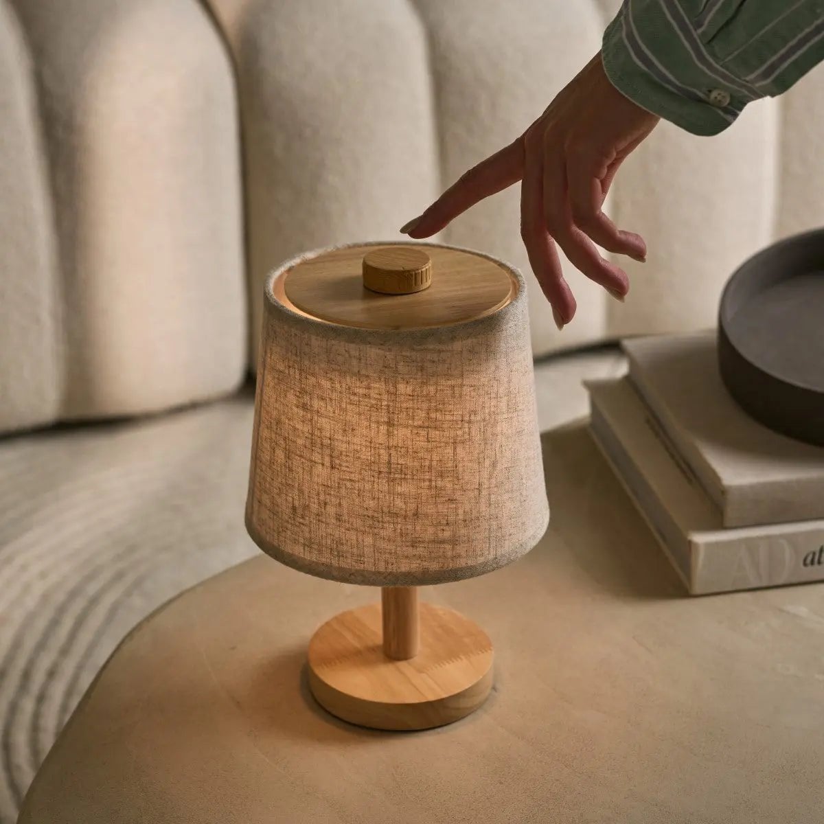 Wooden Cordless Table Lamp – Light Brown Rechargeable Linen Rover