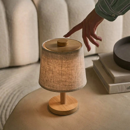 Wooden Cordless Table Lamp – Light Brown Rechargeable Linen Rover