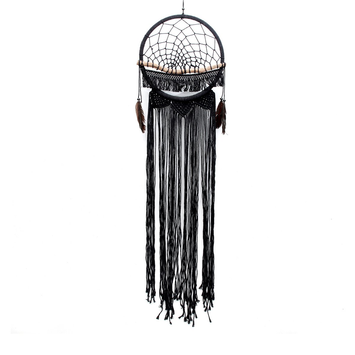 Black Macrame Wood Dreamer Wall Hanging - Boho Feather Decor