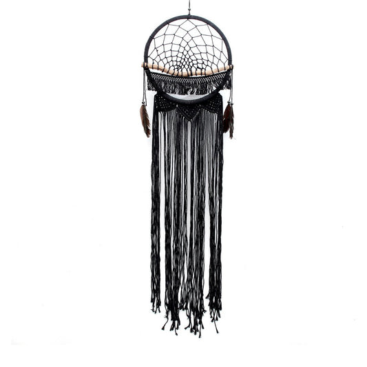 Black Macrame Wood Dreamer Wall Hanging - Boho Feather Decor