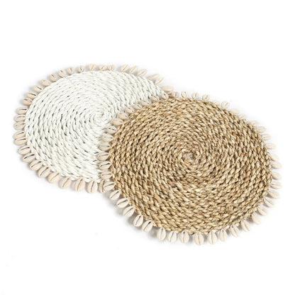 Seagrass Coaster with Shells – White Decorative Pan Coaster