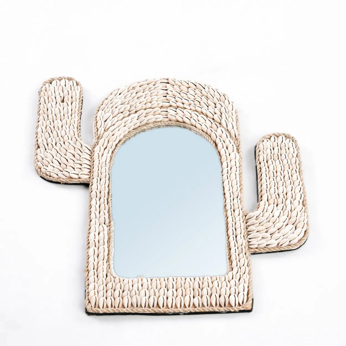 Cowrie Shell Wall Mirror – Cactus Shape, White Accent Decor