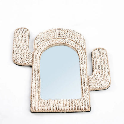 Cowrie Shell Wall Mirror – Cactus Shape, White Accent Decor