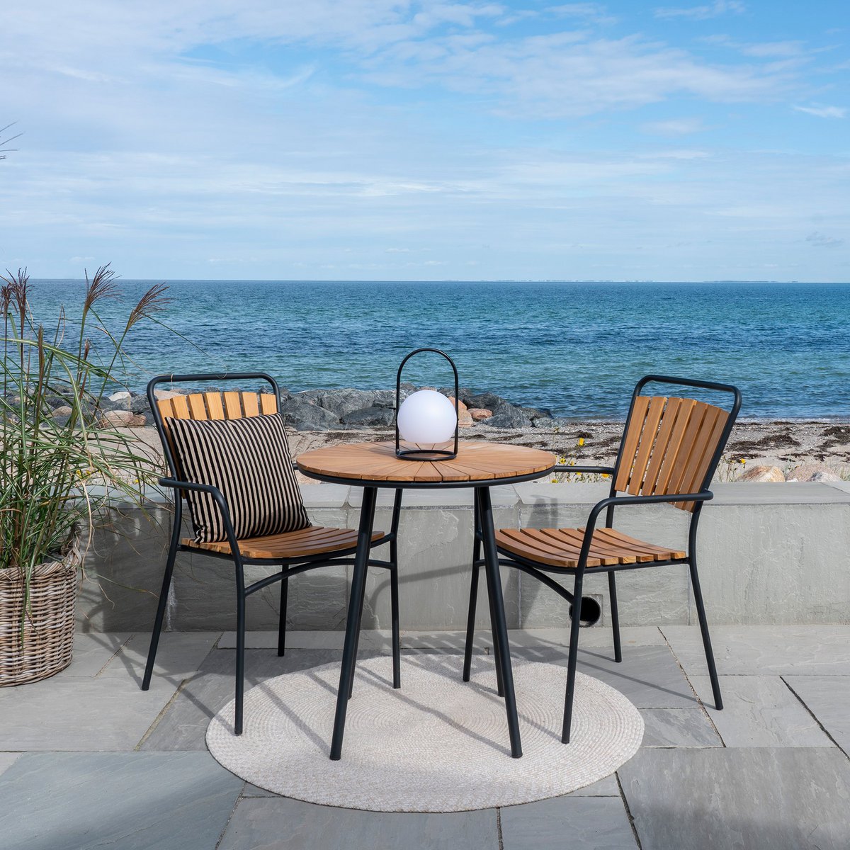 Teak Cafe Table - Natural Wood Top, Black Legs - 70x74 cm