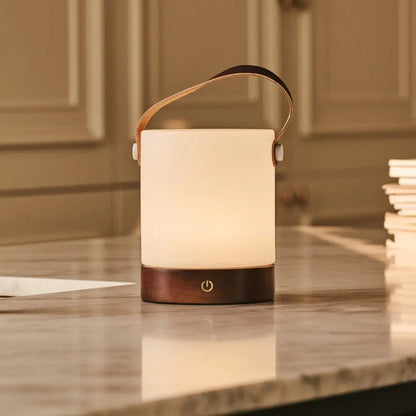 Avery Dark Brown Rechargeable Wooden Table Lamp | Leather Strap, Cordless & Dimmable