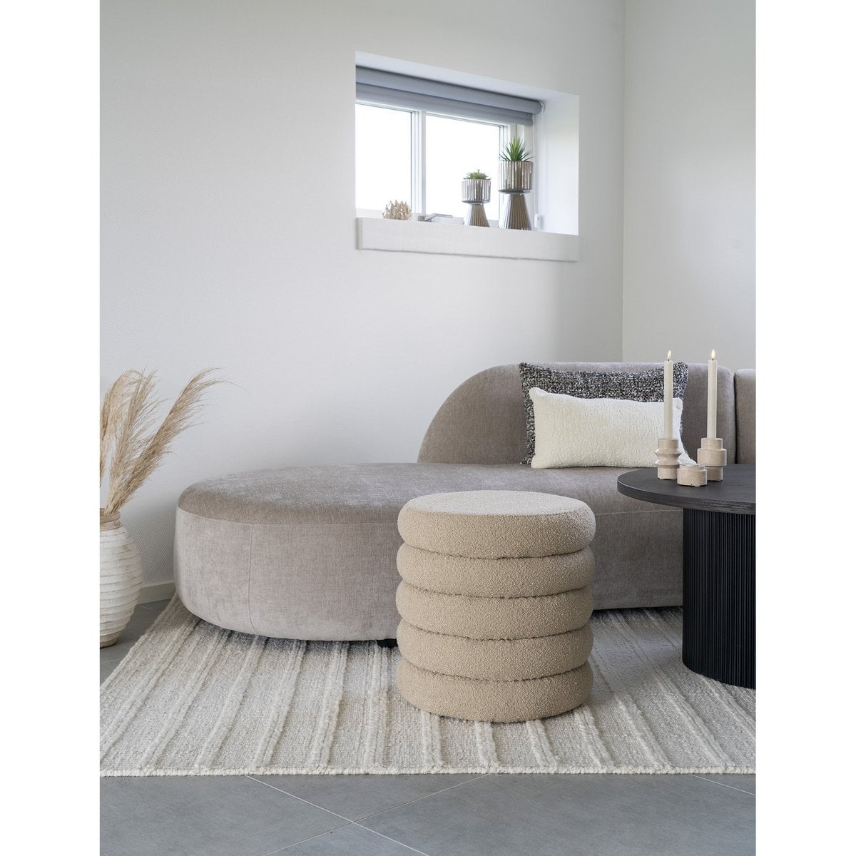 Beige Bouclé Storage Pouf - Modern Round Ottoman Footstool, 44cm