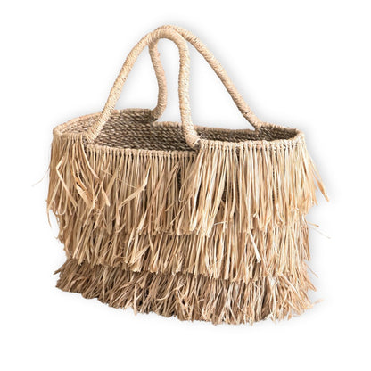 Large Boho Raffia and Seagrass Basket Bag with Fringes – Handmade Summer Tote Bag TOBA