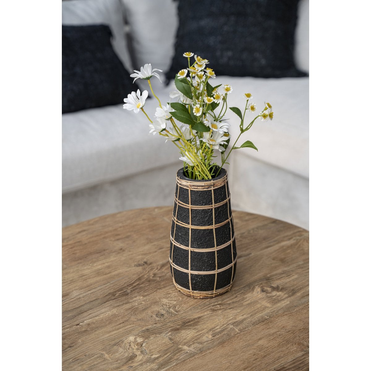 Terracotta Vase with Raffia - Black & Natural Decorative Vase - Large