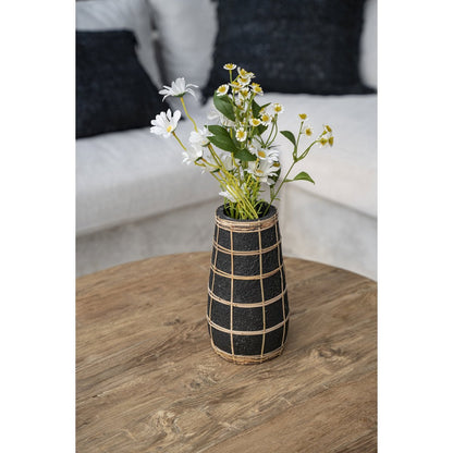 Terracotta Vase with Raffia - Black & Natural Decorative Vase - Large