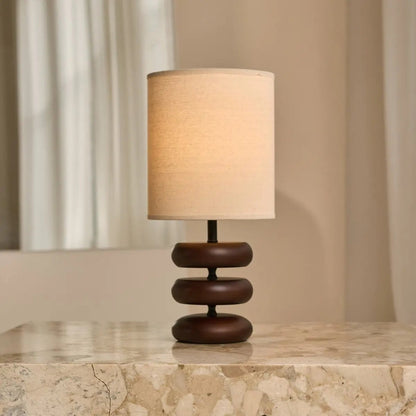 Wooden Table Lamp with Linen Shade - Dark Brown Rustic Home Lighting