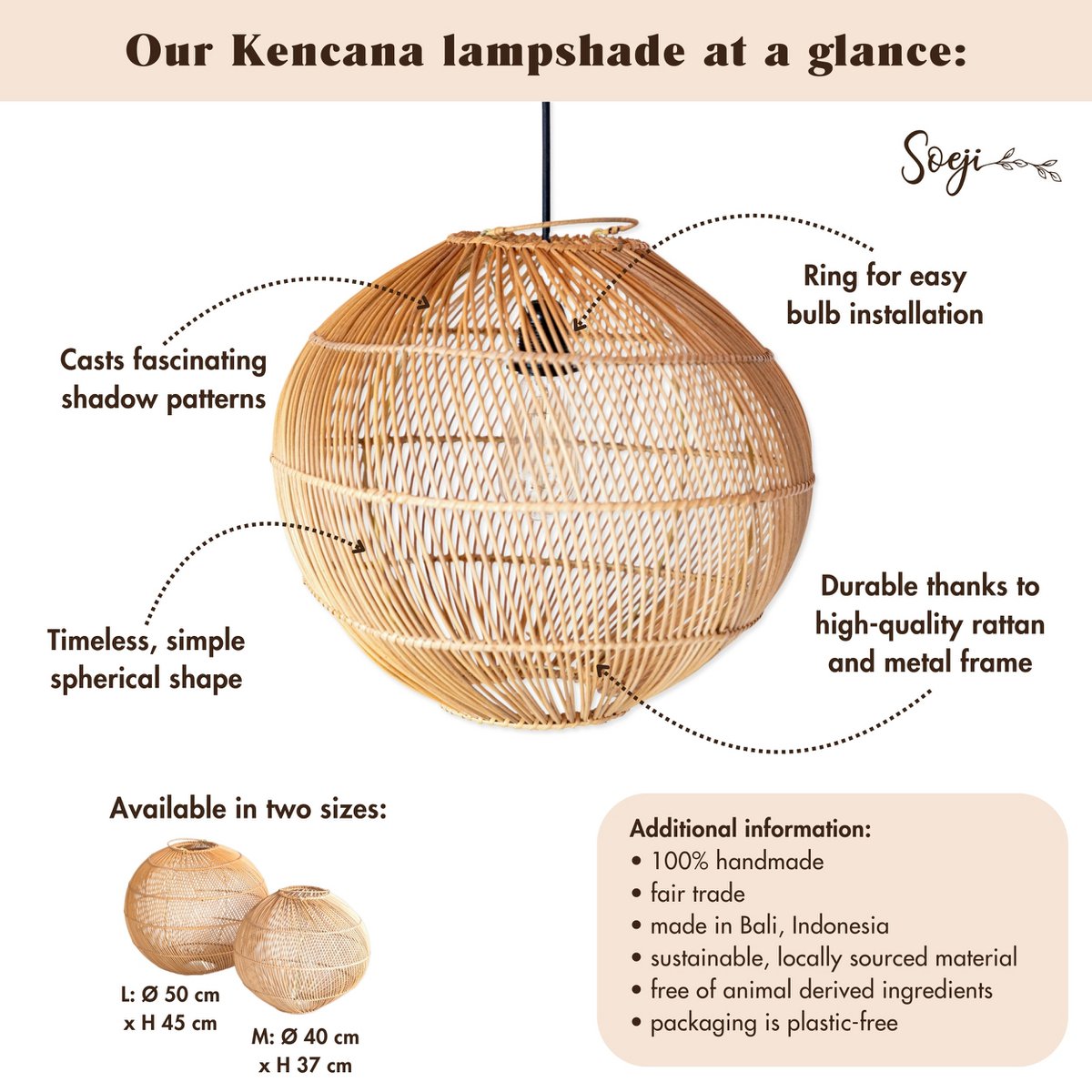 Rattan Pendant Light - Boho Modern Hanging Lamp, Spherical, 40-50cm