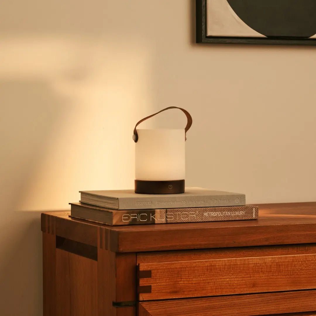 Avery Dark Brown Rechargeable Wooden Table Lamp | Leather Strap, Cordless & Dimmable