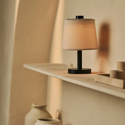 Black Wooden Table Lamp - Cordless Rechargeable Linen Shade
